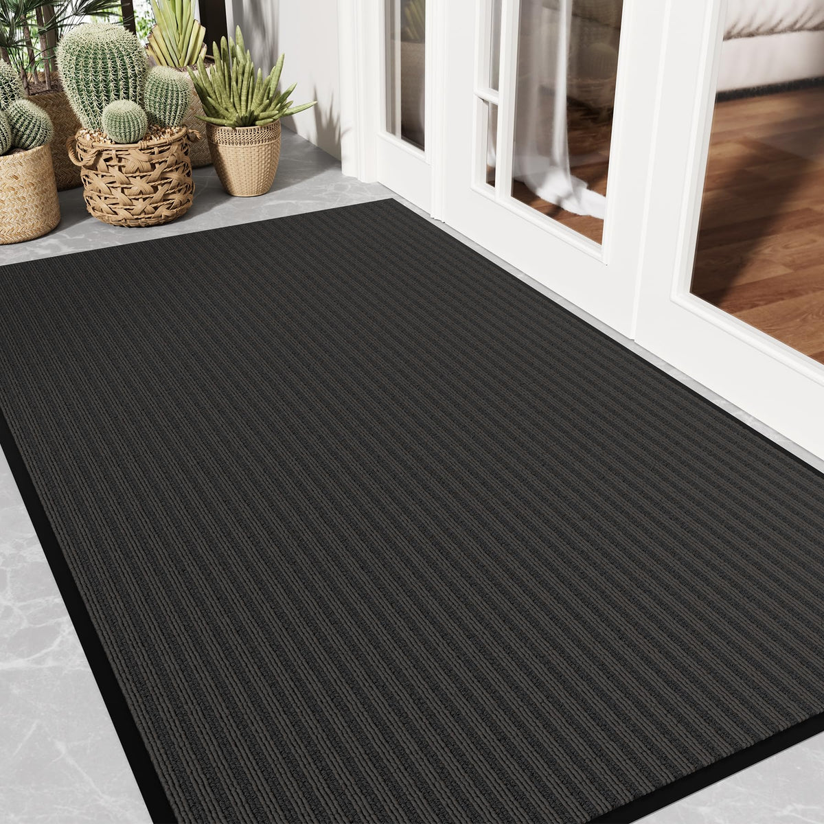 Front Door Mat, 3' x 5' Heavy Duty Door Mat Outside Entrance, Non-Slip Welcome Mat, Absorbent & Dirt Resistant, Low Profile Large Door Mats, Commercial Rugs for Entryway Indoor Outdoor, Grey