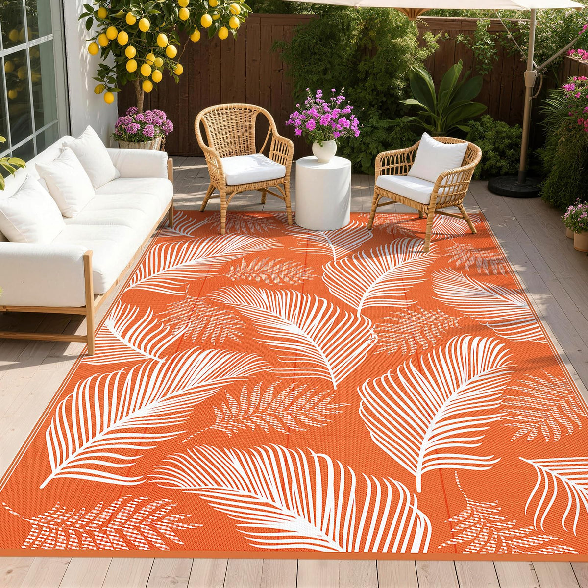 Pauwer Waterproof Outdoor Rug 5x8, Plastic Straw Patio Rug, Leaf Brown