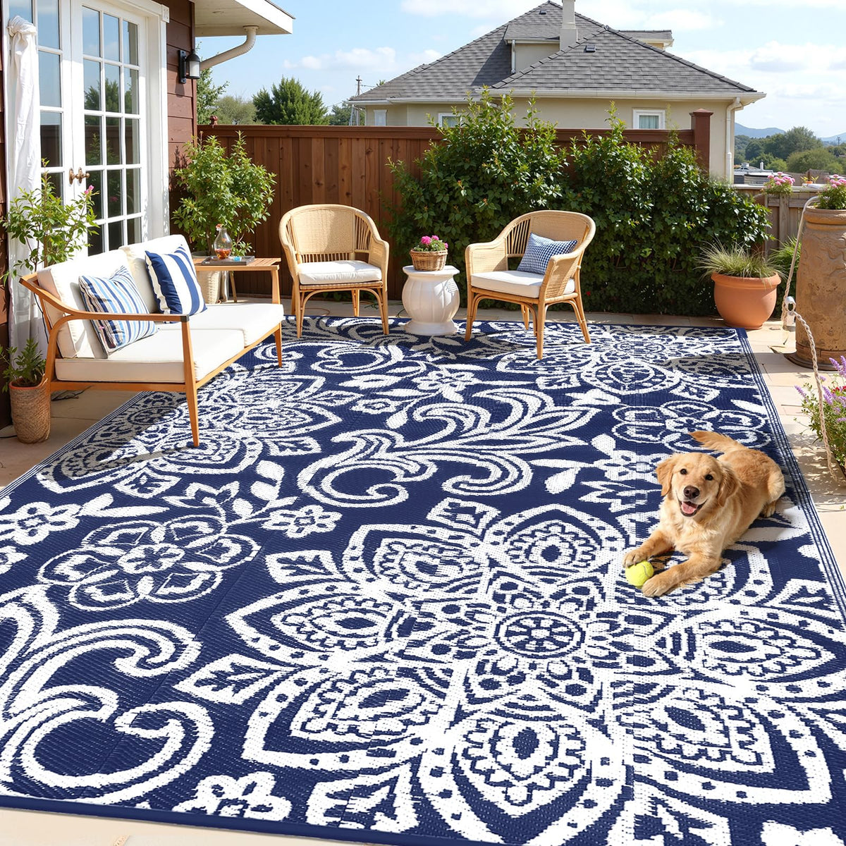 Findosom Waterproof Outdoor Rug 6' x 9' - Reversible Mandala Outdoor Plastic Straw Rug, Durable Foldable Patio Rug for RV, Deck, Balcony, Backyard, Picnic, Porch, Camping, Beach, Gray