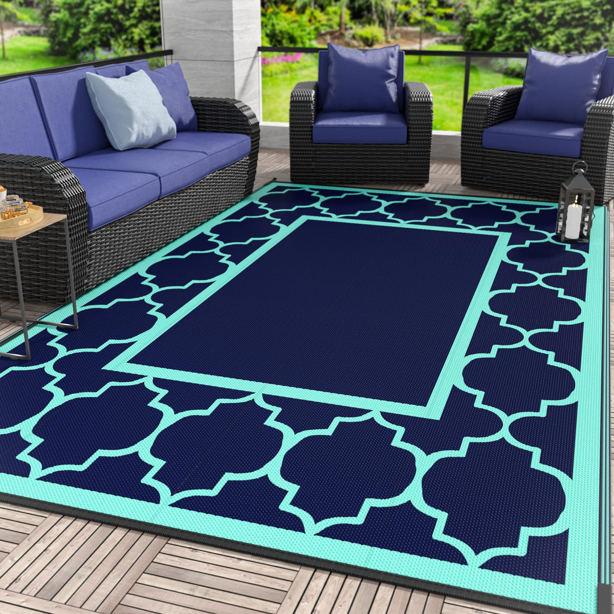 GENIMO Outdoor Rug, Waterproof Plastic Rugs for Patio, 5'x8' Blue White