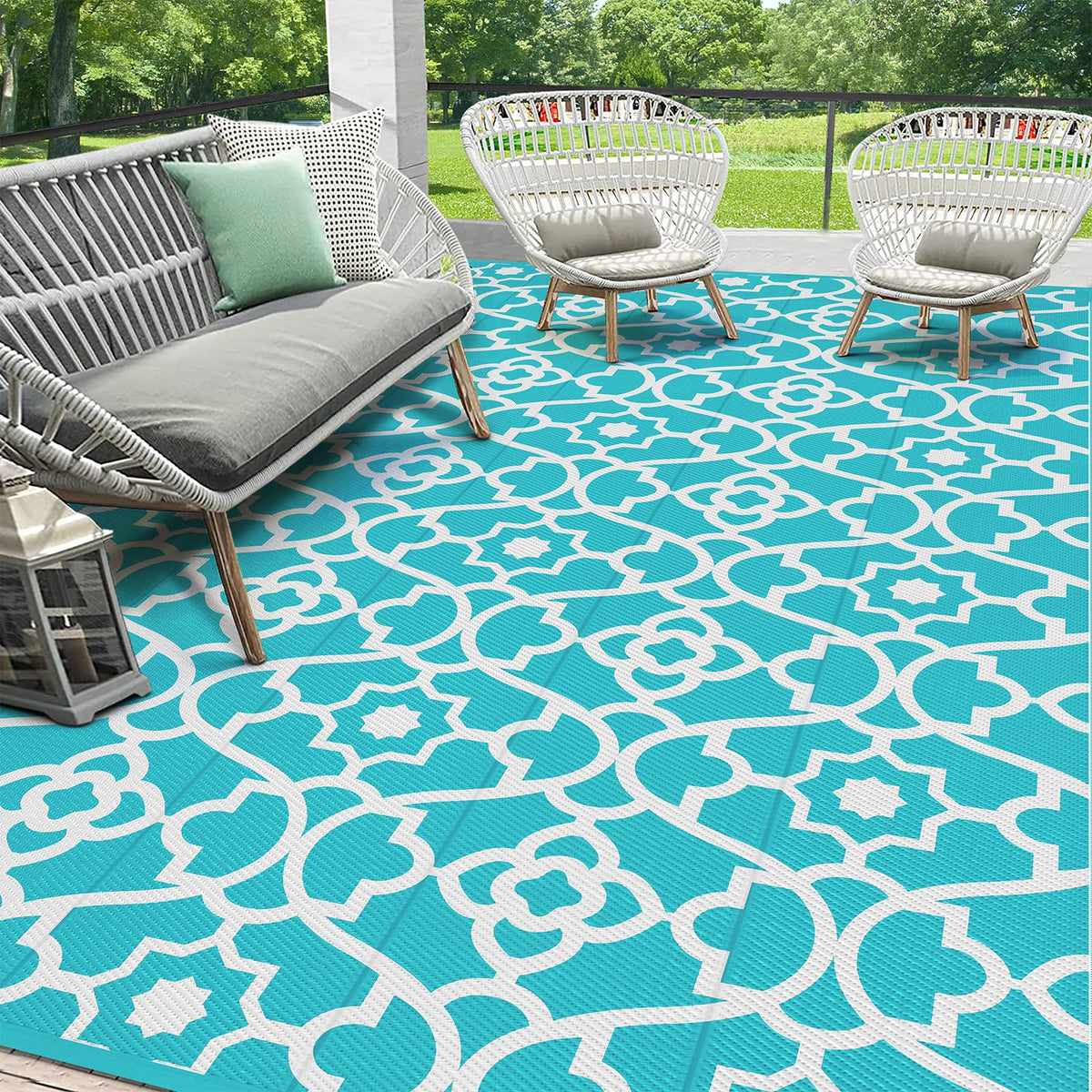 HEBE Waterproof Outdoor Rug 5'x8', Geometric Reversible Plastic Patio Rug