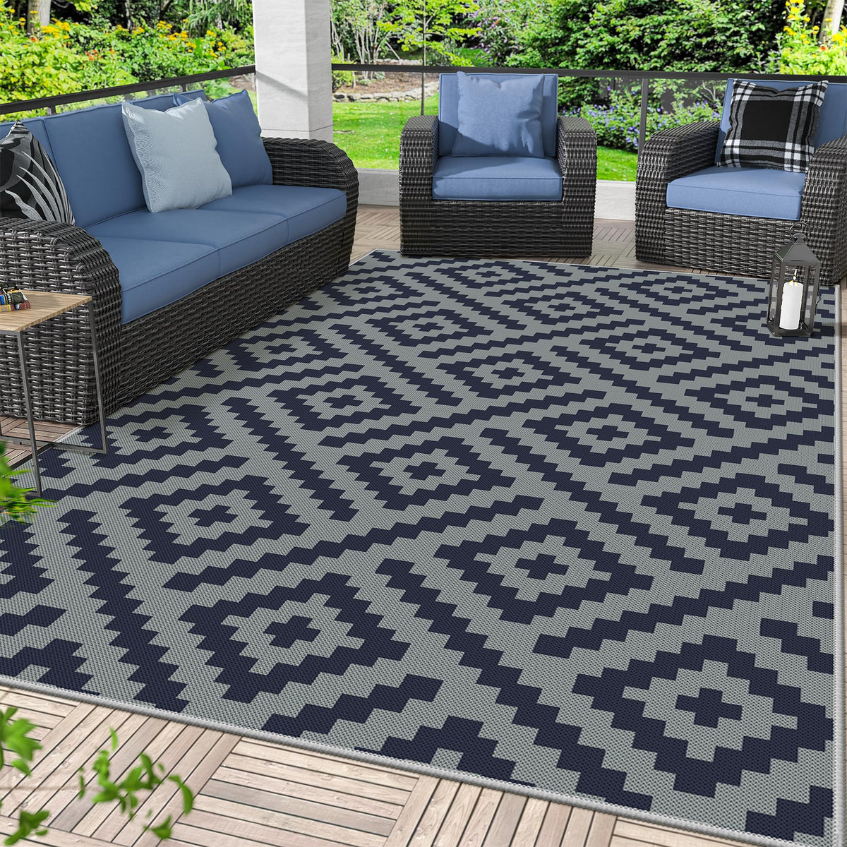 GENIMO Outdoor Rug, Waterproof Plastic Rugs for Patio, 5'x8' Black Grey