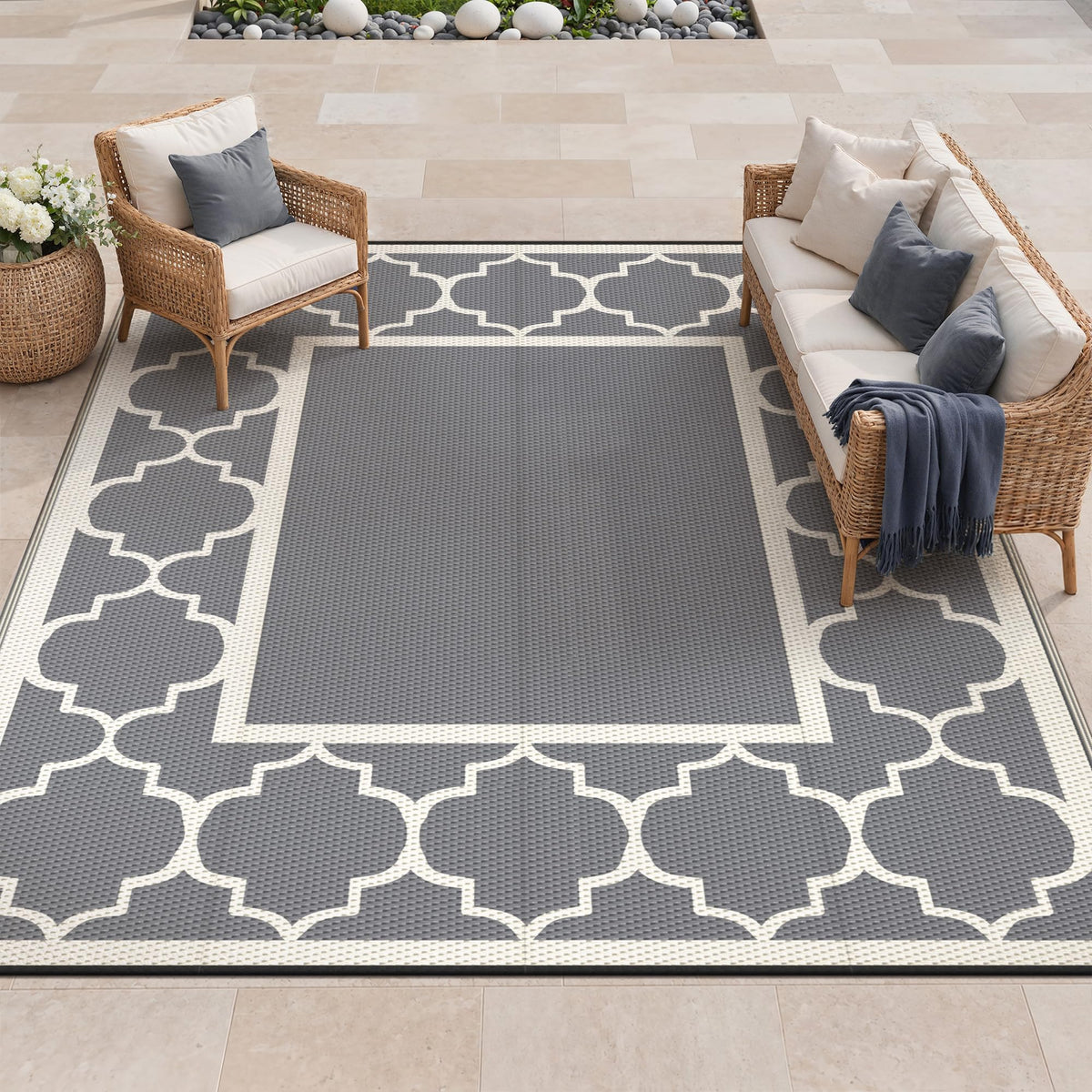GENIMO Outdoor Rug, Waterproof Plastic Rugs for Patio, 5'x8' Blue White