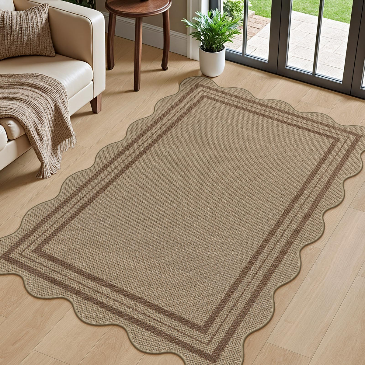 Scalloped Easy Jute 3x5 Front Door Mat, Washable Rugs for Entryway Black Outdoor Patio Rug, Farmhouse Neutral Non Slip Indoor Carpet for Porch Backyard