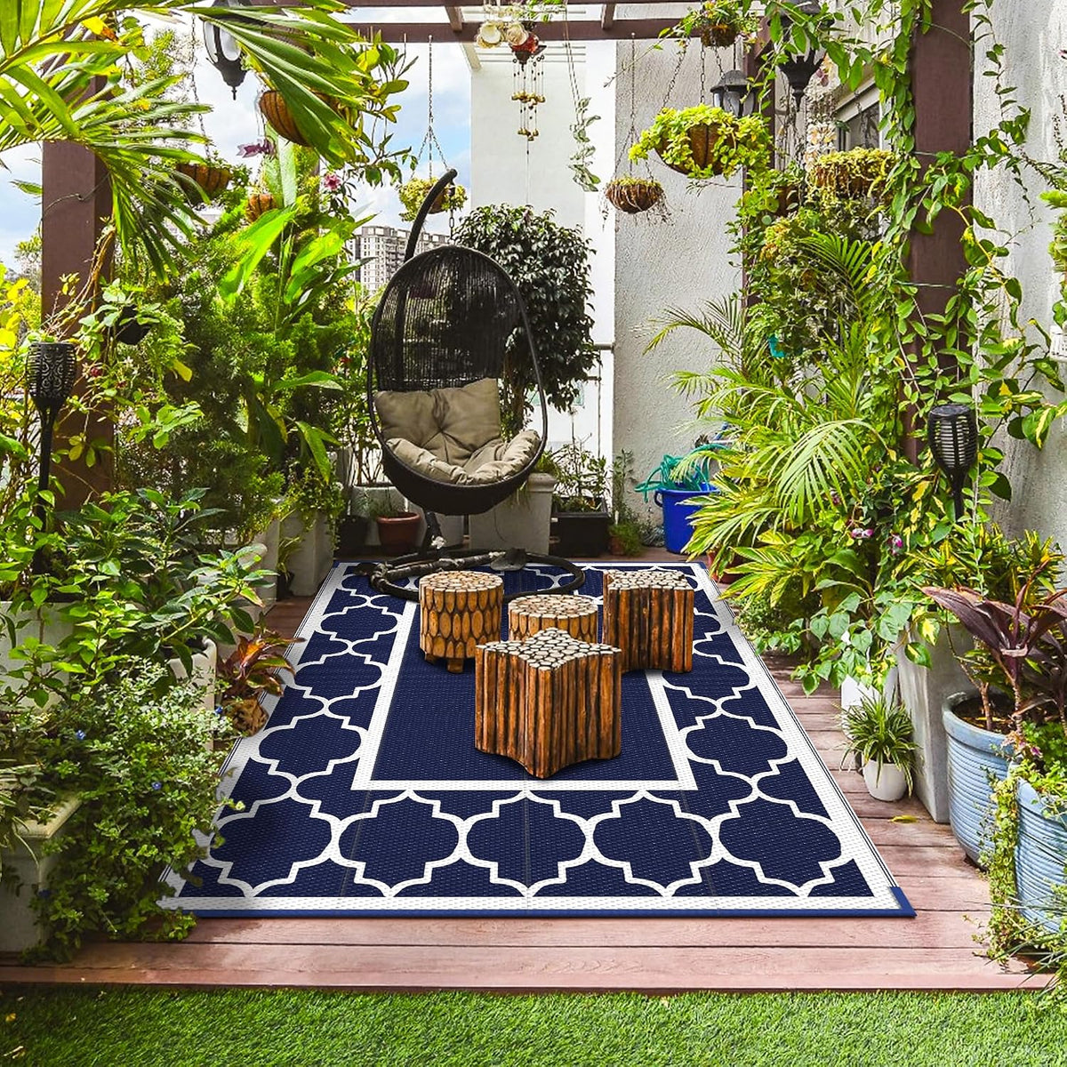 GENIMO Outdoor Rug, Waterproof Plastic Rugs for Patio, 5'x8' Blue White