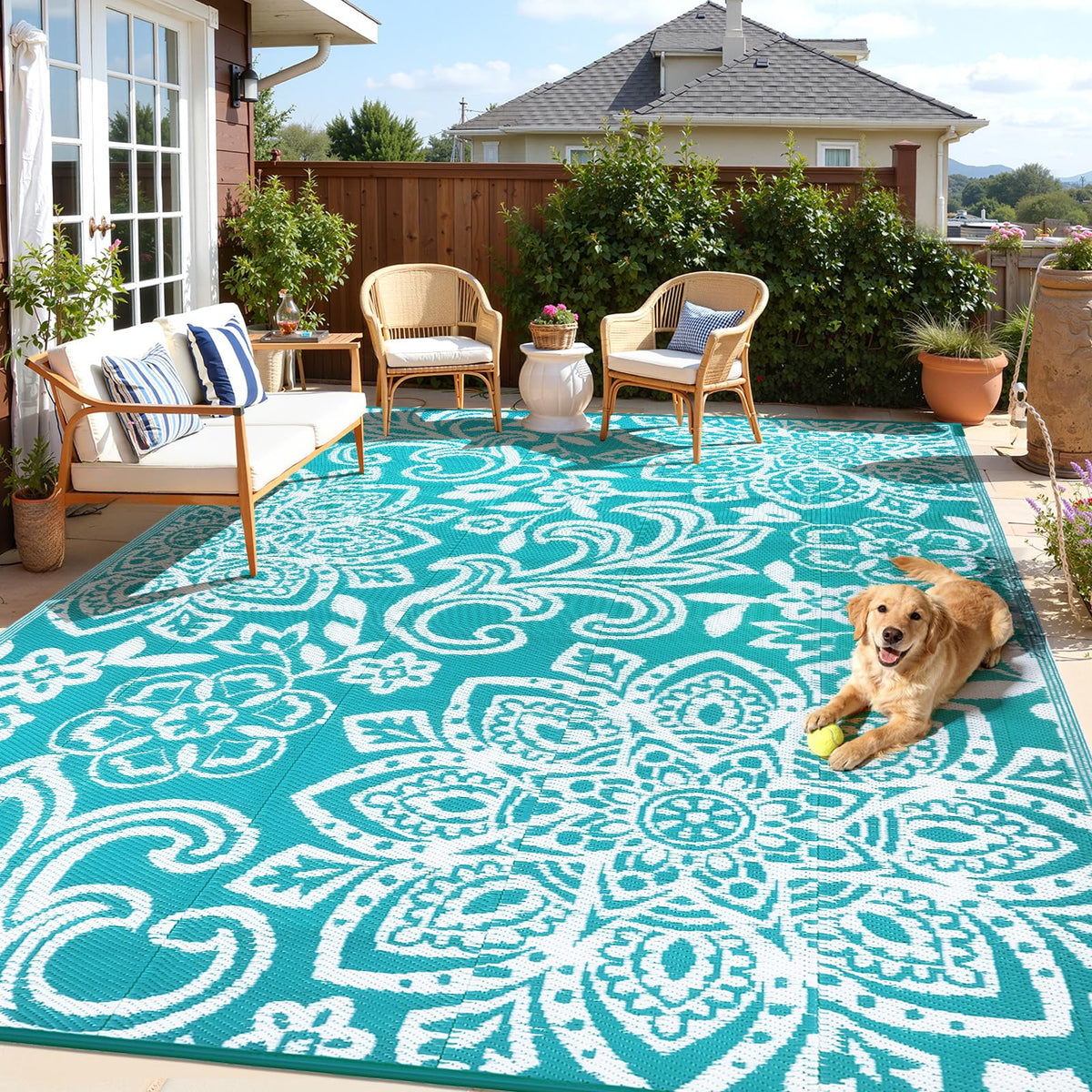 Findosom Waterproof Outdoor Rug 6' x 9' - Reversible Mandala Outdoor Plastic Straw Rug, Durable Foldable Patio Rug for RV, Deck, Balcony, Backyard, Picnic, Porch, Camping, Beach, Gray