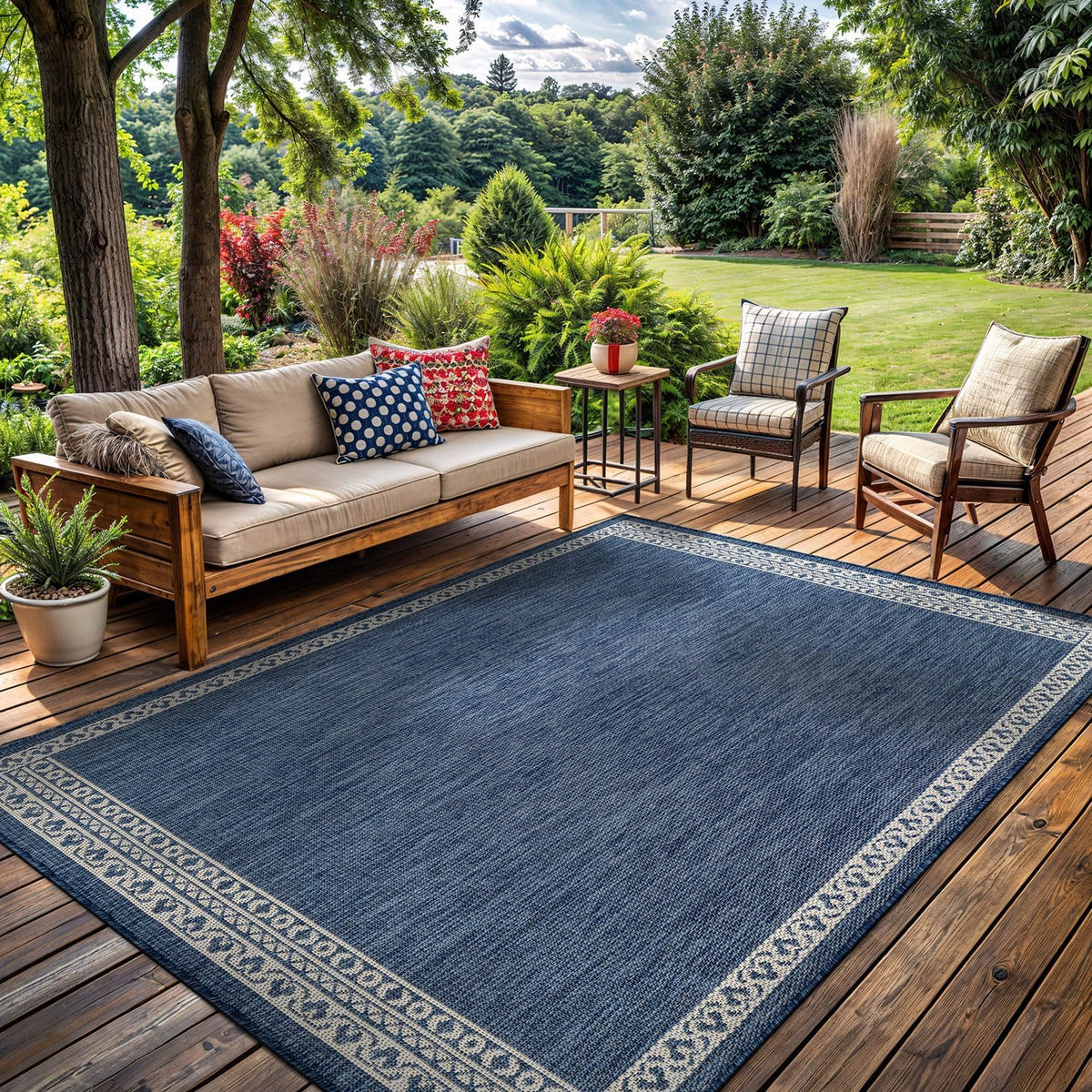 Washable Outdoor Rug 8x10 Modern Area Rugs Outdoor Carpets Bordered Pattern Non Shedding Waterproof Easy Clean Patio Deck Porch Living Room Bedroom Garden RV (8 X 10 Blue)