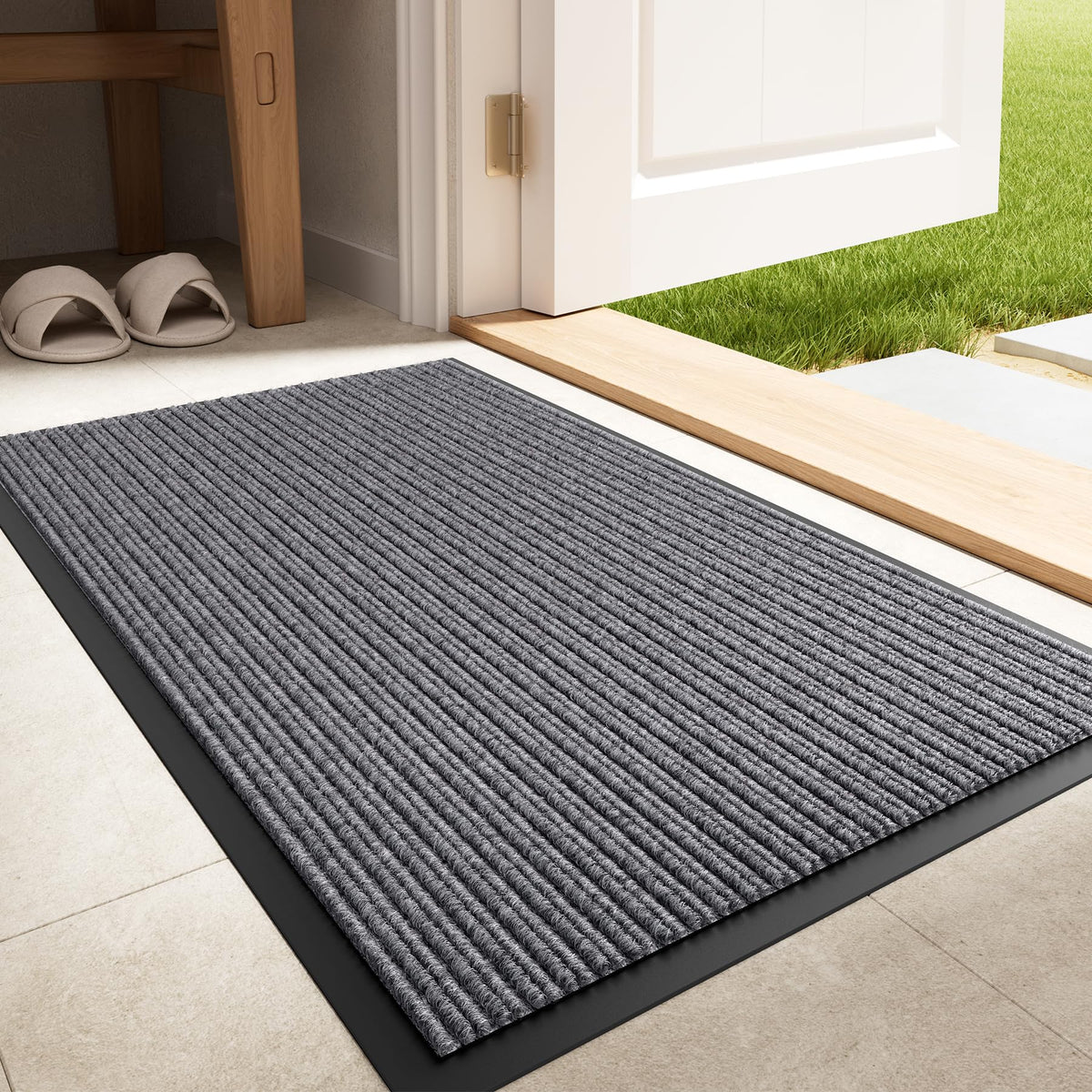 Front Door Mat, 3' x 5' Heavy Duty Door Mat Outside Entrance, Non-Slip Welcome Mat, Absorbent & Dirt Resistant, Low Profile Large Door Mats, Commercial Rugs for Entryway Indoor Outdoor, Grey