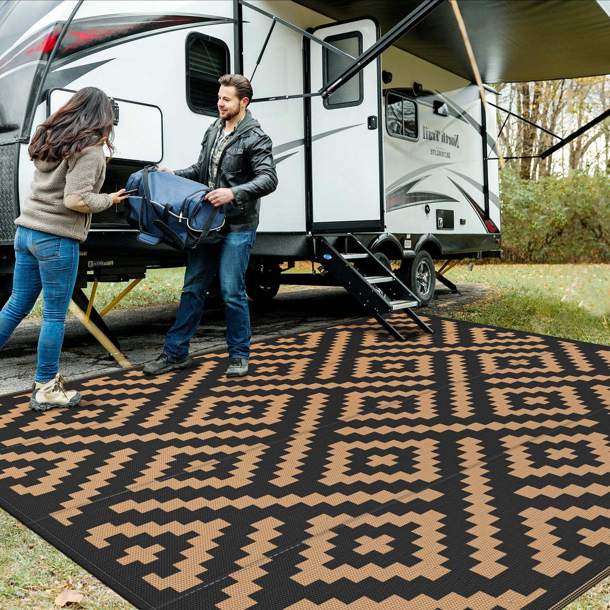GENIMO Outdoor Rug, Waterproof Plastic Rugs for Patio, 5'x8' Black Grey