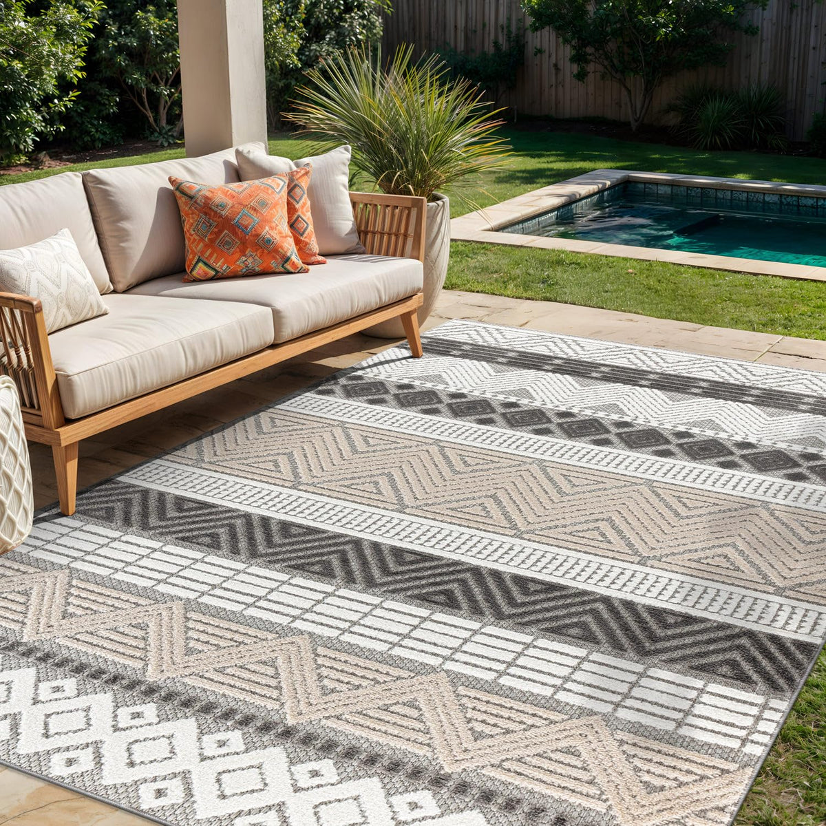 Rugshop Marbella Indoor/Outdoor Contemporary Boho Area Rug Gray 7'10" x 10'