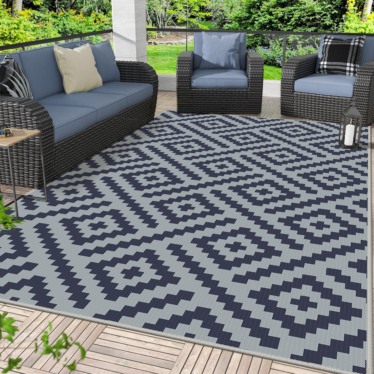 GENIMO Outdoor Rug, Waterproof Plastic Rugs for Patio, 5'x8' Black Grey