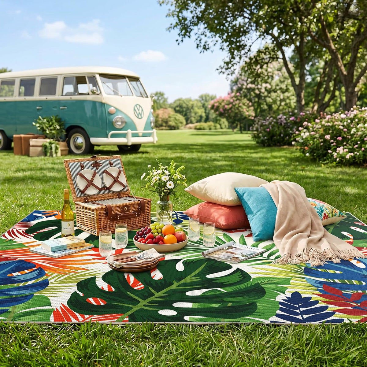 Arenarug 8x10 Monstera Tropical Outdoor Rug Waterproof, Colorful