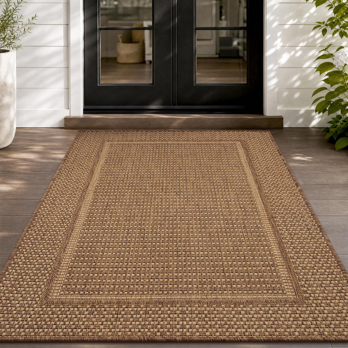 MontVoo-Outdoor Rug-Patio Rug 5x7 ft Polypropylene Indoor Outdoor Rugs Outdoor Carpet for Patio Deck Balcony Porch, Textured Weave, Durable for High Traffic, Fade-Resistant, Modern Neutral Brown