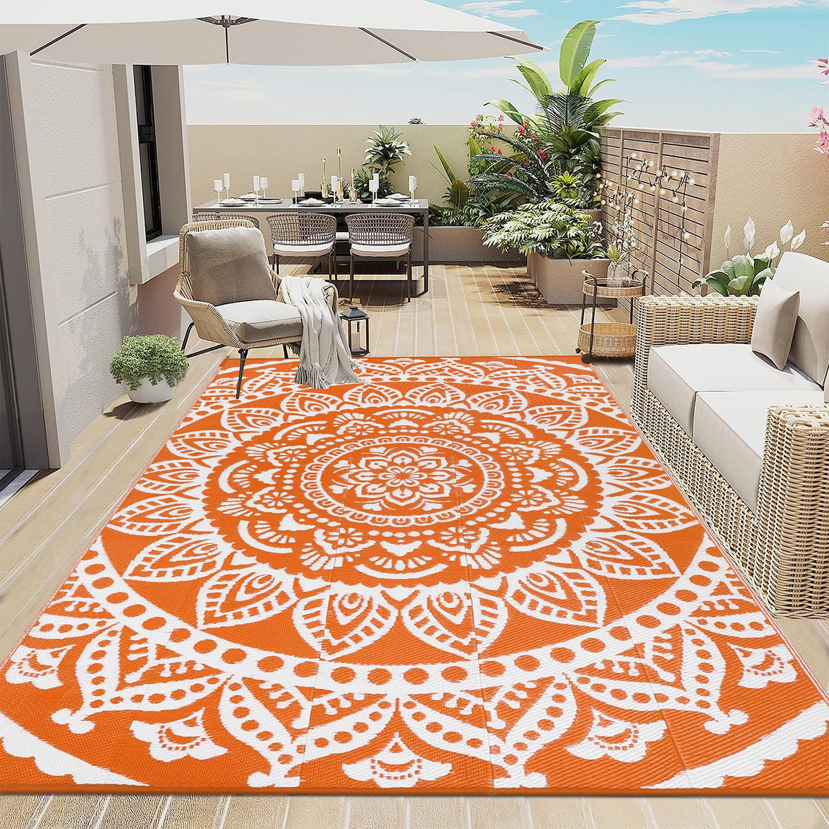 Bsmathom Waterproof Outdoor Rug 8'x10' Reversible Boho Plastic Straw Patio Deck Camping Rugs, Indoor Outdoor Portable RV Mat Clearance Carpet for Outside, Porch, Balcony, Backyard, Beach, Pool,Grey