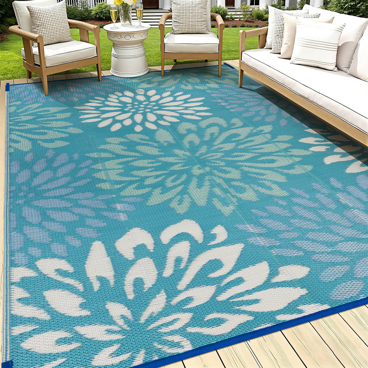 HEBE Waterproof Outdoor Rug 5'x8', Geometric Reversible Plastic Patio Rug