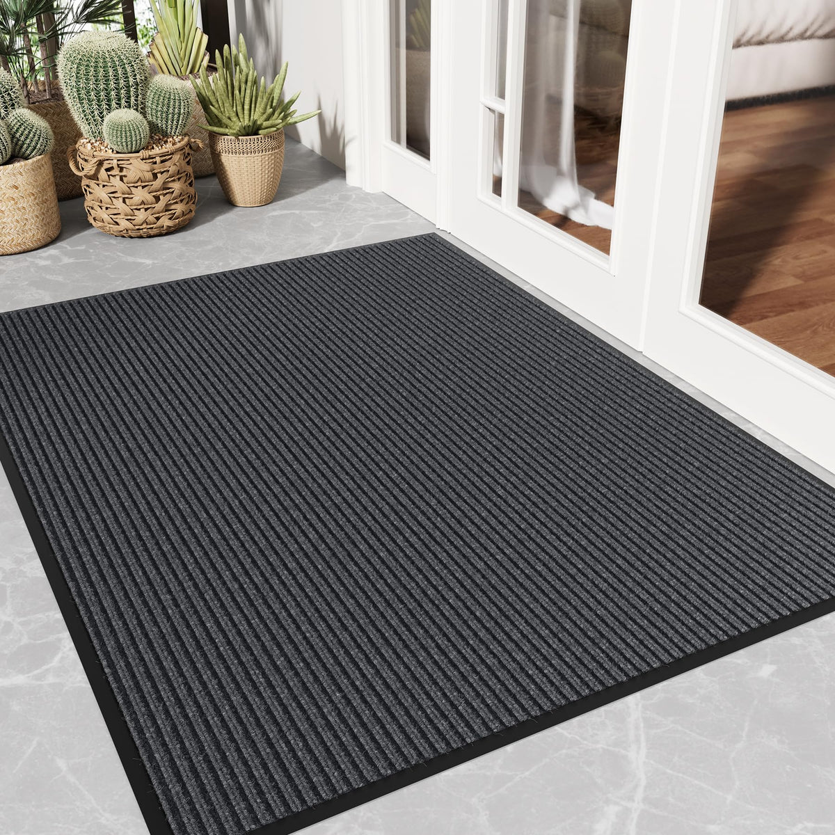 Front Door Mat, 3' x 5' Heavy Duty Door Mat Outside Entrance, Non-Slip Welcome Mat, Absorbent & Dirt Resistant, Low Profile Large Door Mats, Commercial Rugs for Entryway Indoor Outdoor, Grey