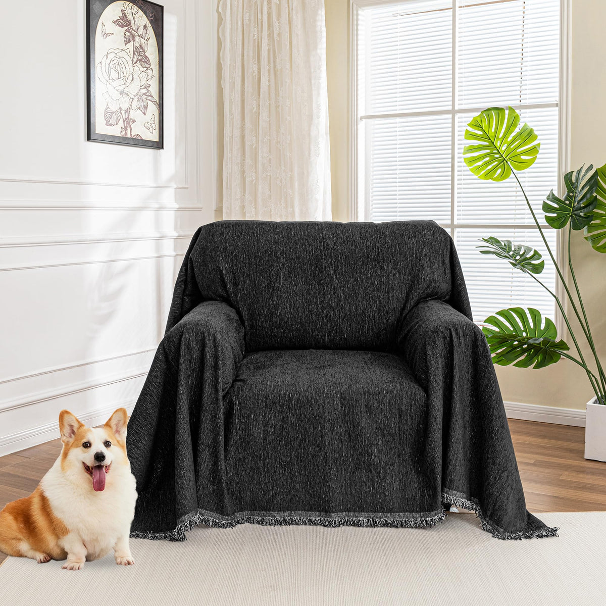 MYSKY HOME Couch Cover for Dogs, Washable Couch Covers, Non Slip Sofa Cover, Couch Cover 2 Cushion Sofa Dogs Furniture Protector with Tassels, Chenille Sofa Slipcover for Pets, 71"x118", Dark Grey