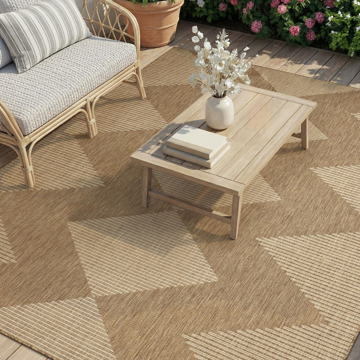 MontVoo-Outdoor Rug Carpet Patio Rug 4x6 ft Polypropylene Indoor Outdoor Rugs for Patio Deck Balcony Porch, Textured Weave, Durable for High Traffic, Fade-Resistant, Boho Geometric Neutral Brown