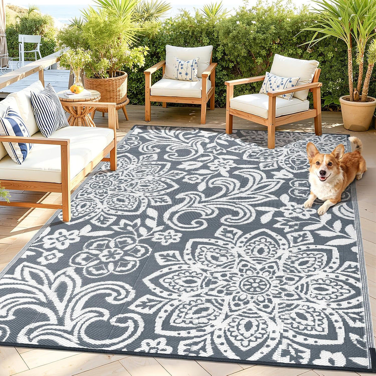 Findosom Waterproof Outdoor Rug 6' x 9' - Reversible Mandala Outdoor Plastic Straw Rug, Durable Foldable Patio Rug for RV, Deck, Balcony, Backyard, Picnic, Porch, Camping, Beach, Gray