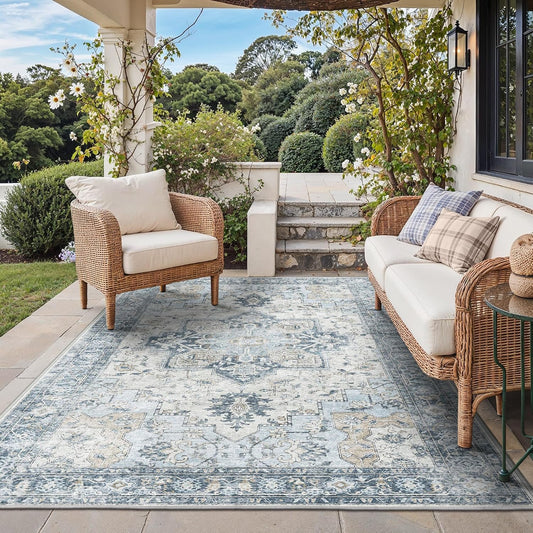 GENIMO 5x8 Outdoor Rug, Washable for Patio and Deck, Light Blue