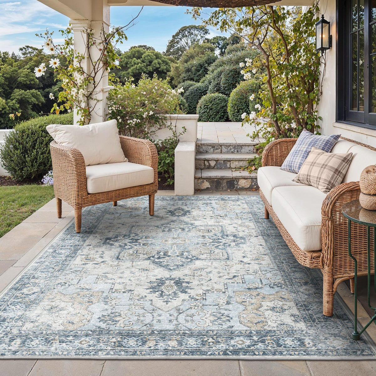 GENIMO 5x8 Outdoor Rug, Washable for Patio and Deck, Light Blue