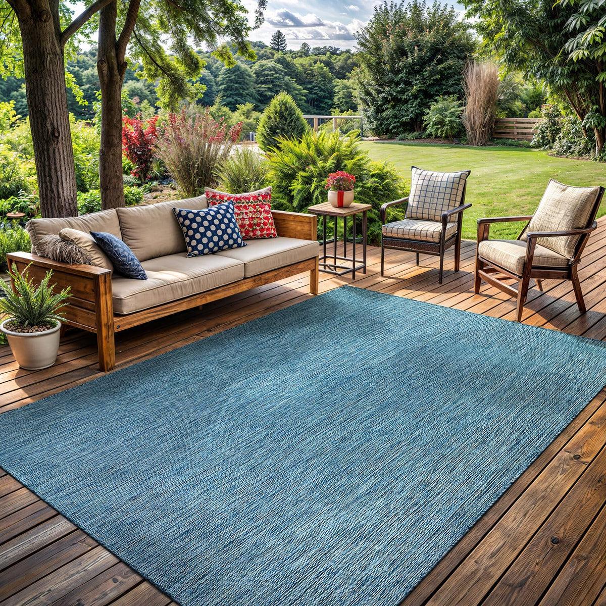 Washable Indoor Outdoor Rug 9x12 Weather Resistant Area Rugs Modern Solid for Porch Deck Balcony Backyard Patio Outside Carpet (9 X 12 Aqua Blue)