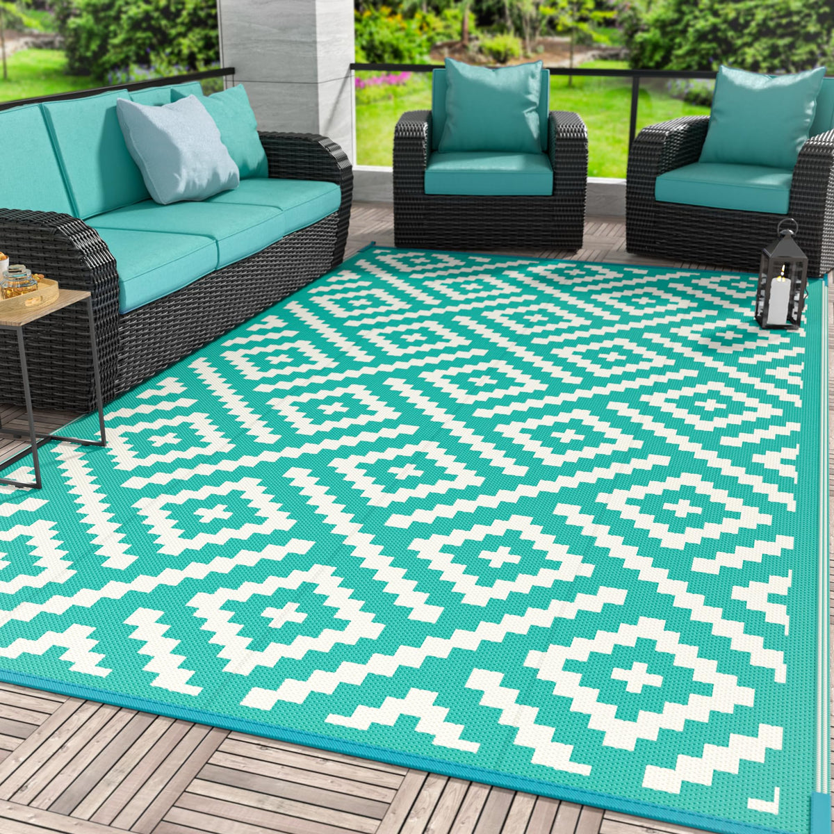 GENIMO Outdoor Rug, Waterproof Plastic Rugs for Patio, 5'x8' Black Grey