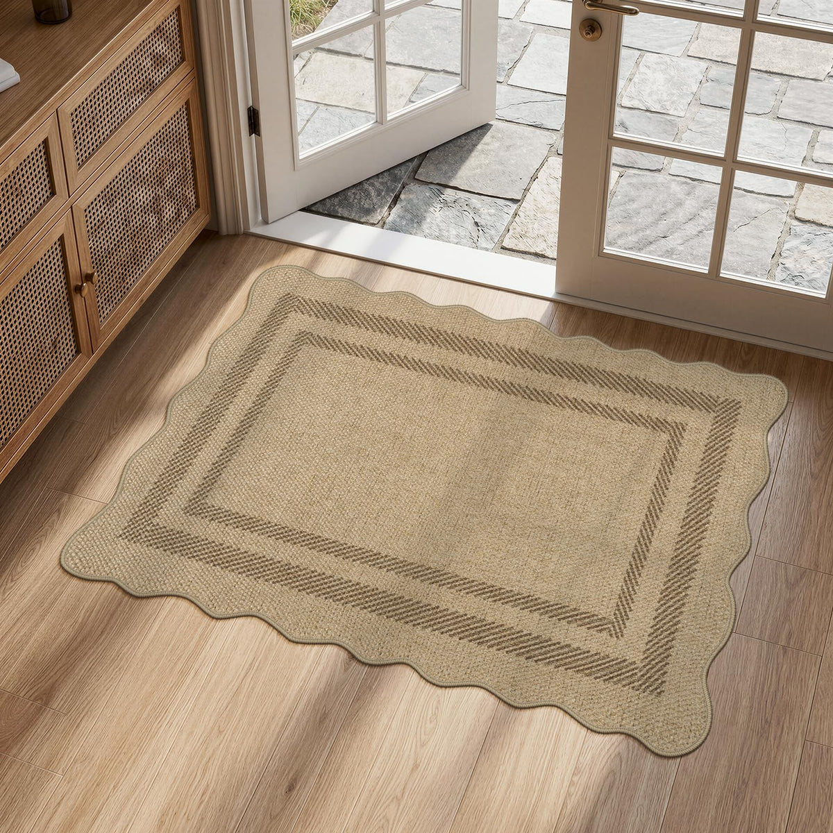 LIVEBOX Scalloped Easy Jute 3x5 Outdoor Rug, Washable Non-Slip Geometric Tan Rugs for Entryway, Indoor Outdoor Farmhouse Rug Modern Carpet Door Mat Area Rug for Patio Bedroom Living Room Kitchen Porch