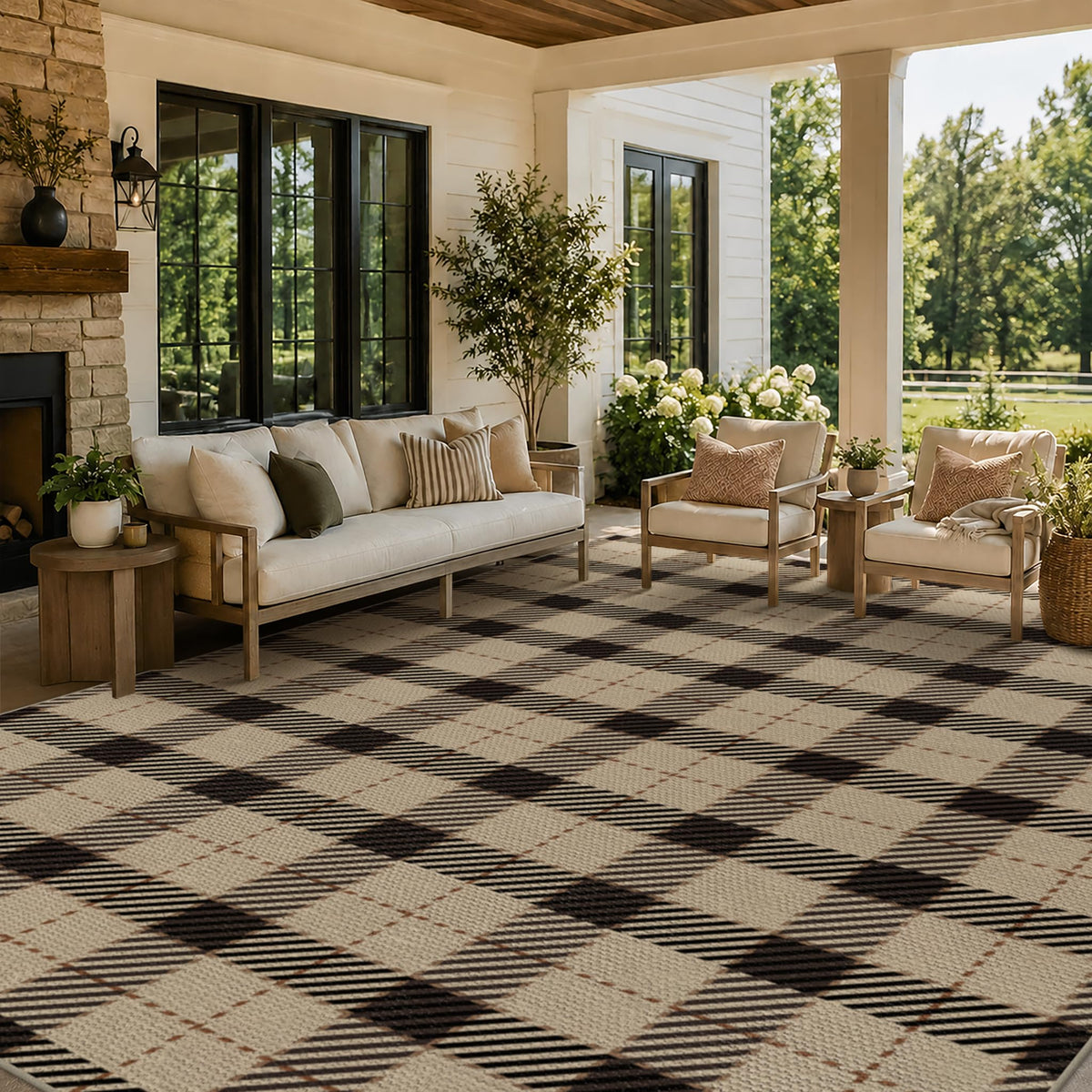 JTJ Easy Jute 3x5 Outdoor Rug for Front Porch, Washable Sage Green Plaid