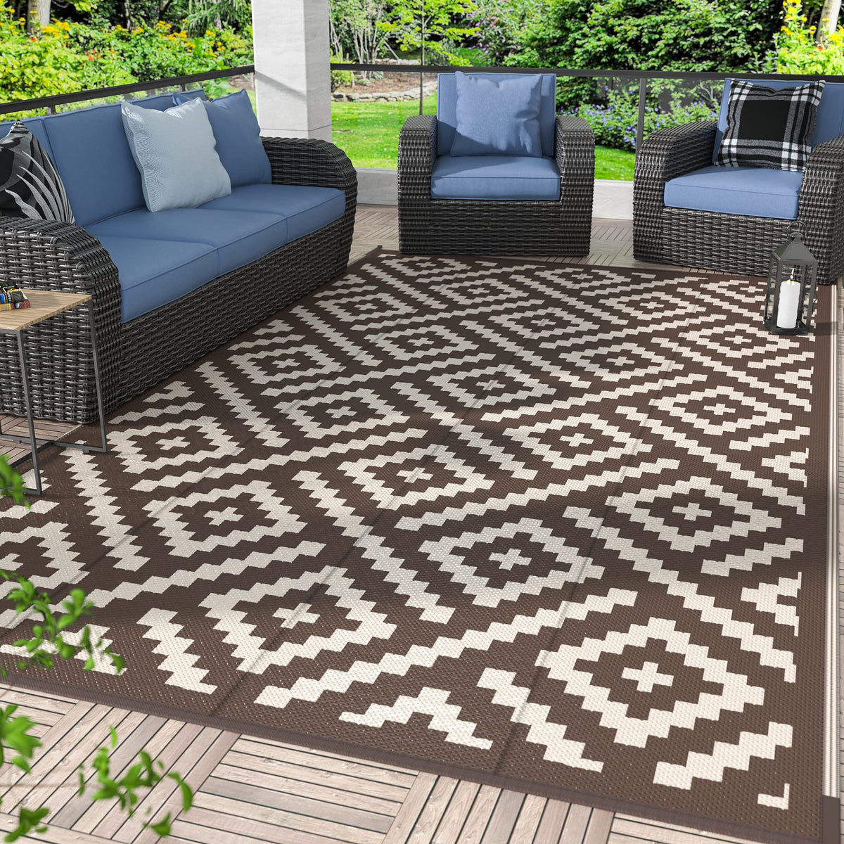 GENIMO Outdoor Rug, Waterproof Plastic Rugs for Patio, 5'x8' Black Grey