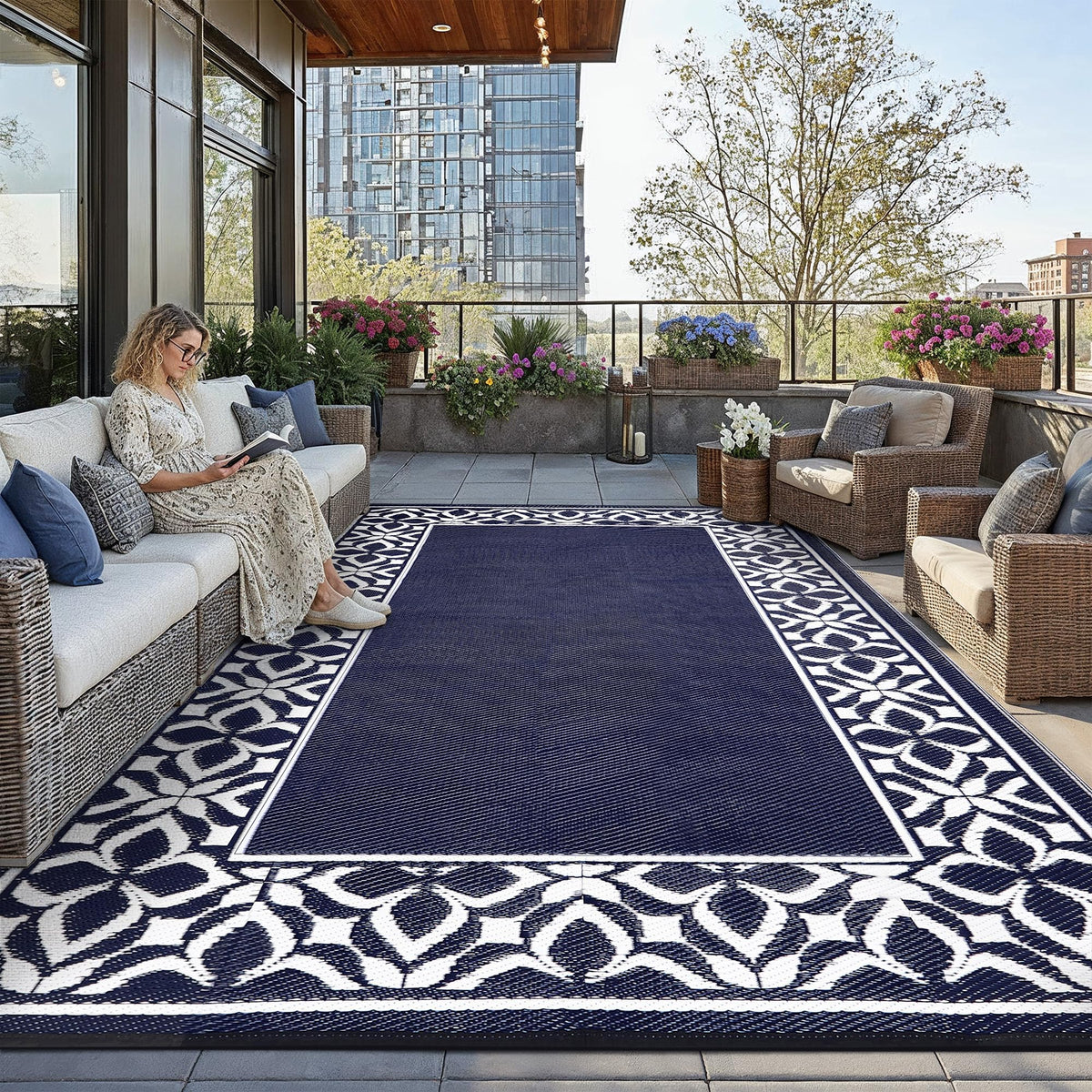 PureCozy 10x14 Outdoor Rug Black Beige Geometric