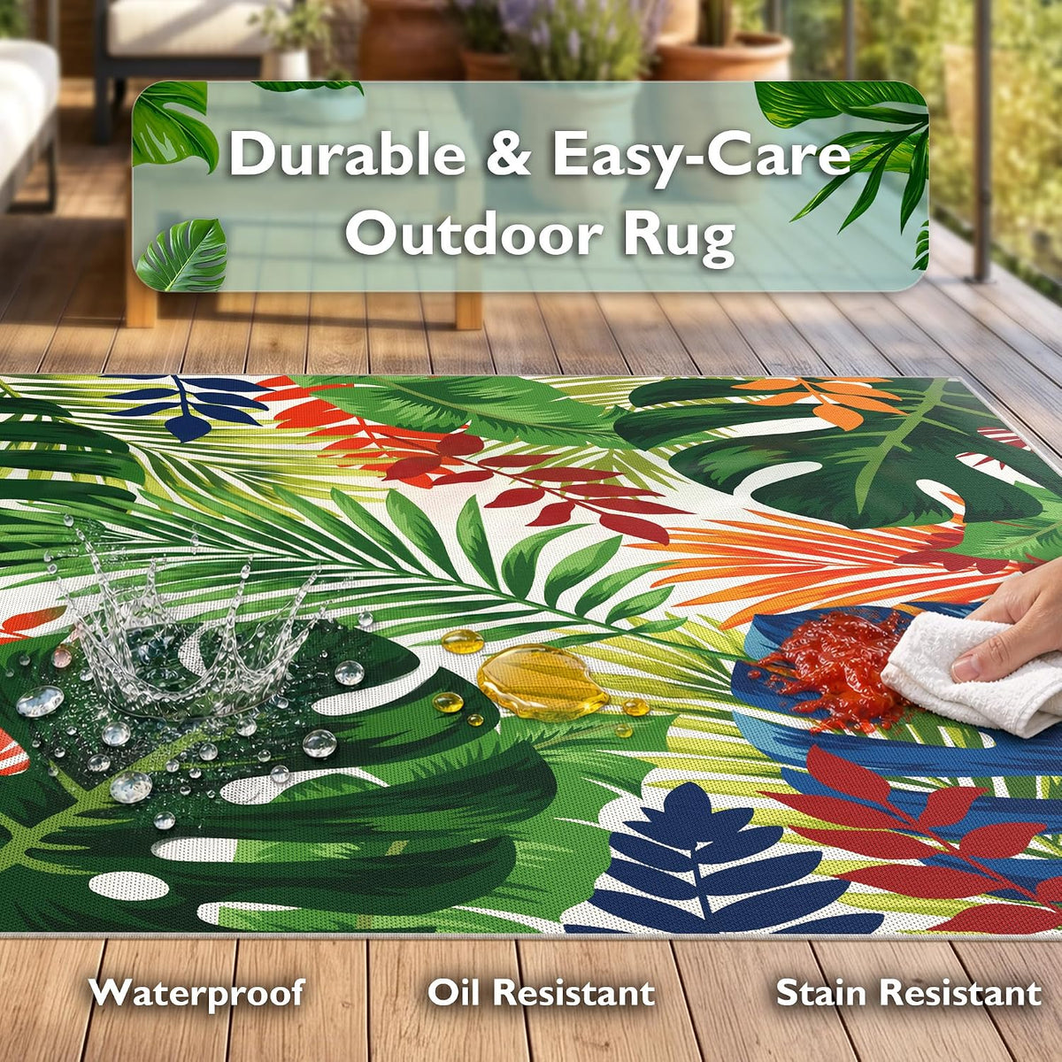 Arenarug 8x10 Monstera Tropical Outdoor Rug Waterproof, Colorful