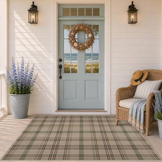 JTJ Easy Jute 3x5 Outdoor Rug for Front Porch, Washable Sage Green Plaid