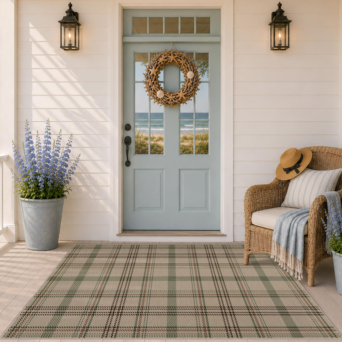JTJ Easy Jute 3x5 Outdoor Rug for Front Porch, Washable Sage Green Plaid