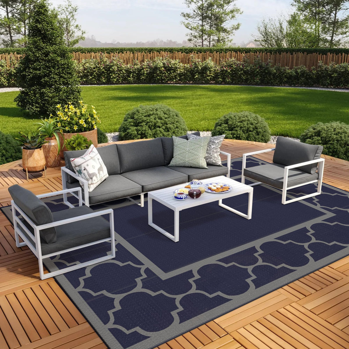 GENIMO Outdoor Rug, Waterproof Plastic Rugs for Patio, 5'x8' Blue White