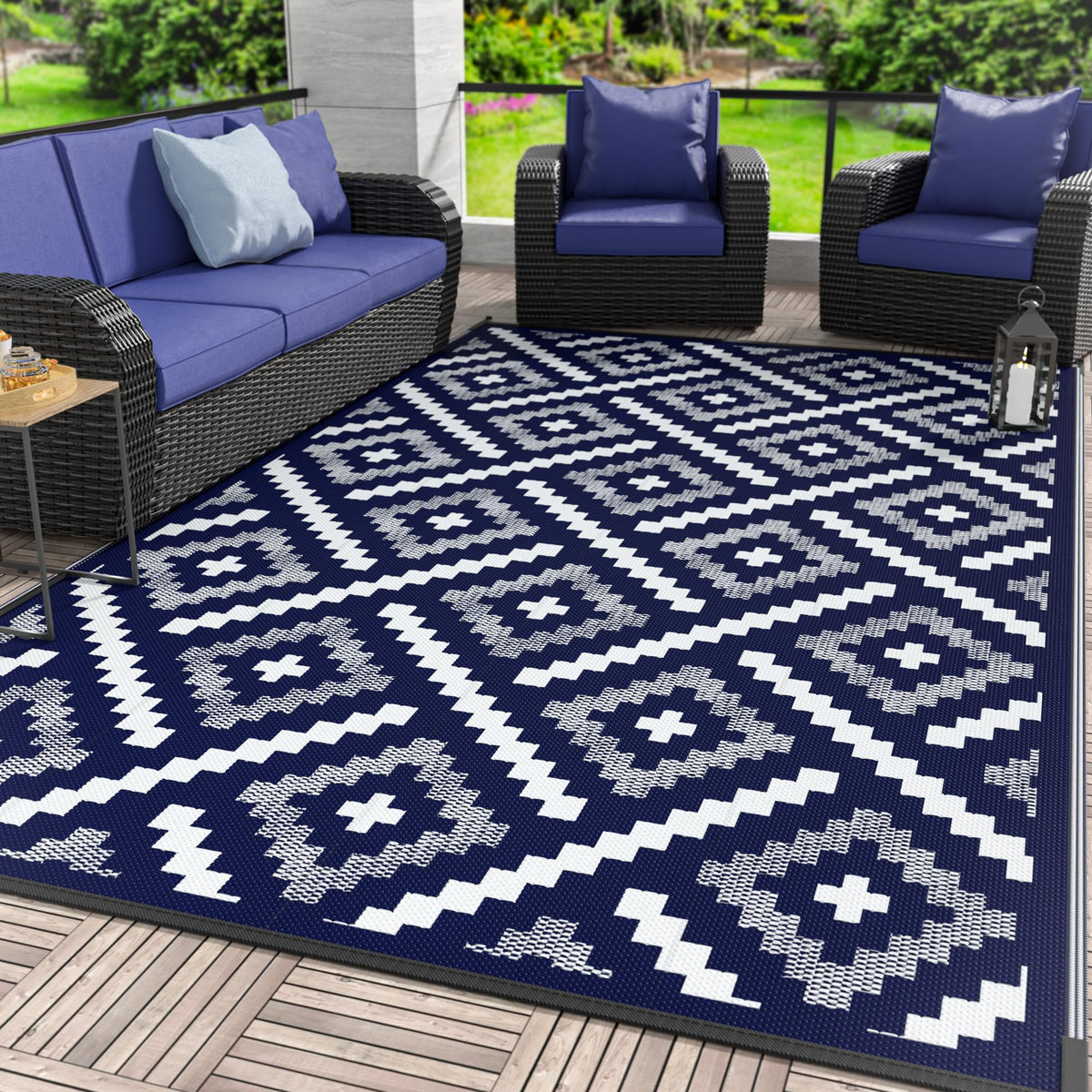 GENIMO Outdoor Rug, Waterproof Plastic Rugs for Patio, 5'x8' Black Grey