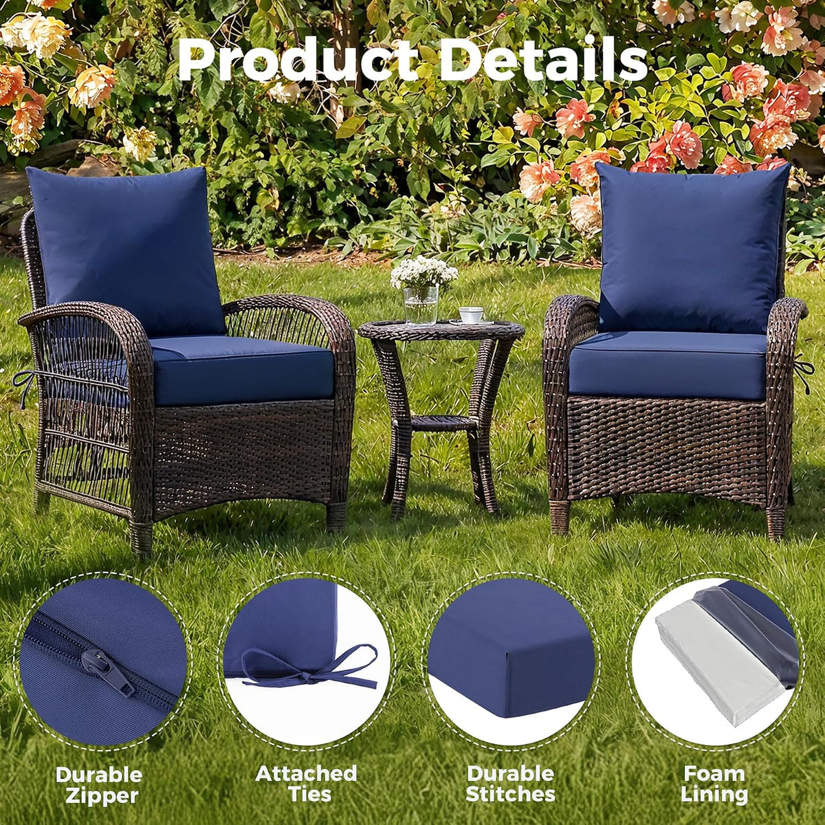 Deep Seat Patio Cushions Set of 2, 24x24x5.75 Inch, Waterproof Outdoor Chair Cushions, Fade Resistant Patio Furniture Cushions with Ties for Couch, Sofa, Lawn, Outside, Navy Blue
