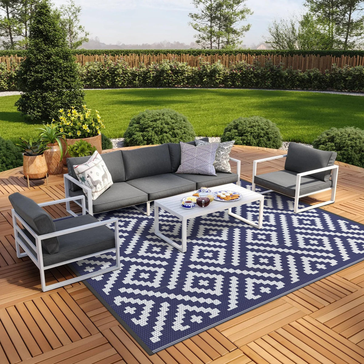 GENIMO Outdoor Rug, Waterproof Plastic Rugs for Patio, 5'x8' Black Grey