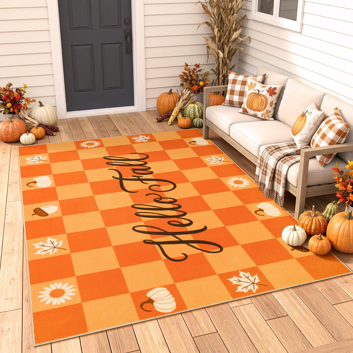 Fall Front Door Mat 3'x5', Hello Pumpkin Welcome Mat for Porch Rugs