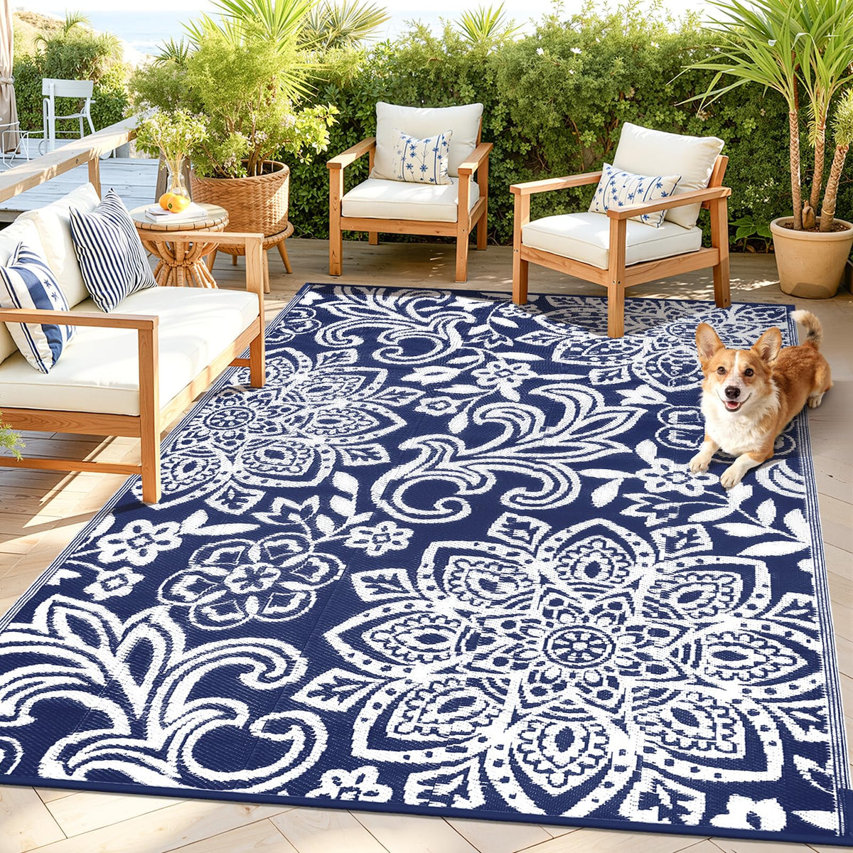 Findosom Waterproof Outdoor Rug 6' x 9' - Reversible Mandala Outdoor Plastic Straw Rug, Durable Foldable Patio Rug for RV, Deck, Balcony, Backyard, Picnic, Porch, Camping, Beach, Gray