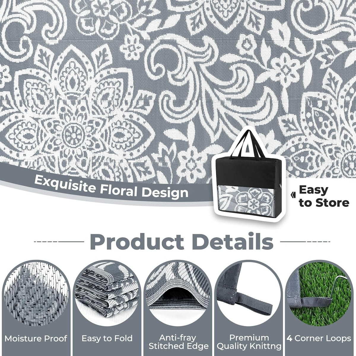 Findosom Waterproof Outdoor Rug 6' x 9' - Reversible Mandala Outdoor Plastic Straw Rug, Durable Foldable Patio Rug for RV, Deck, Balcony, Backyard, Picnic, Porch, Camping, Beach, Gray