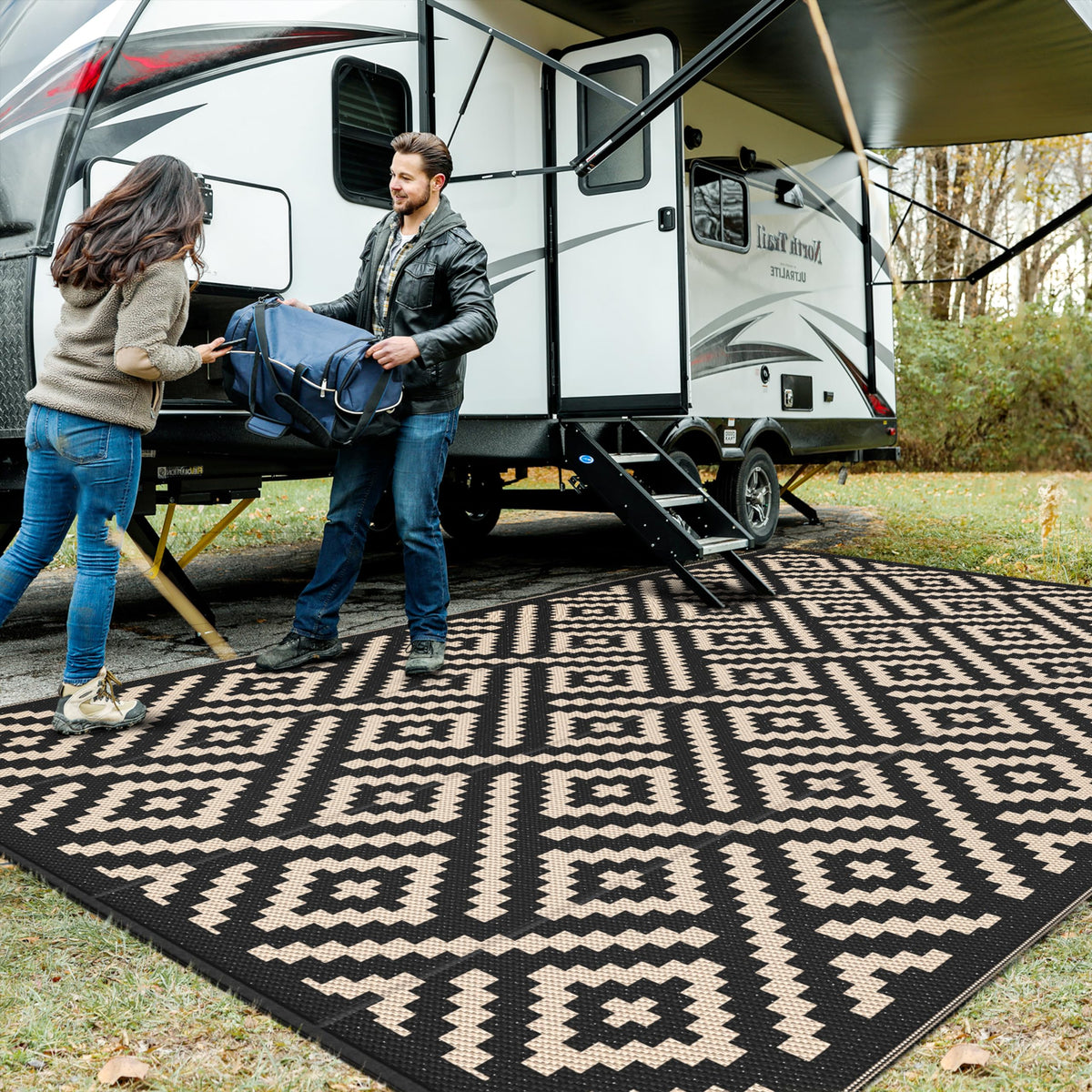 GENIMO Outdoor Rug, Waterproof Plastic Rugs for Patio, 5'x8' Black Grey
