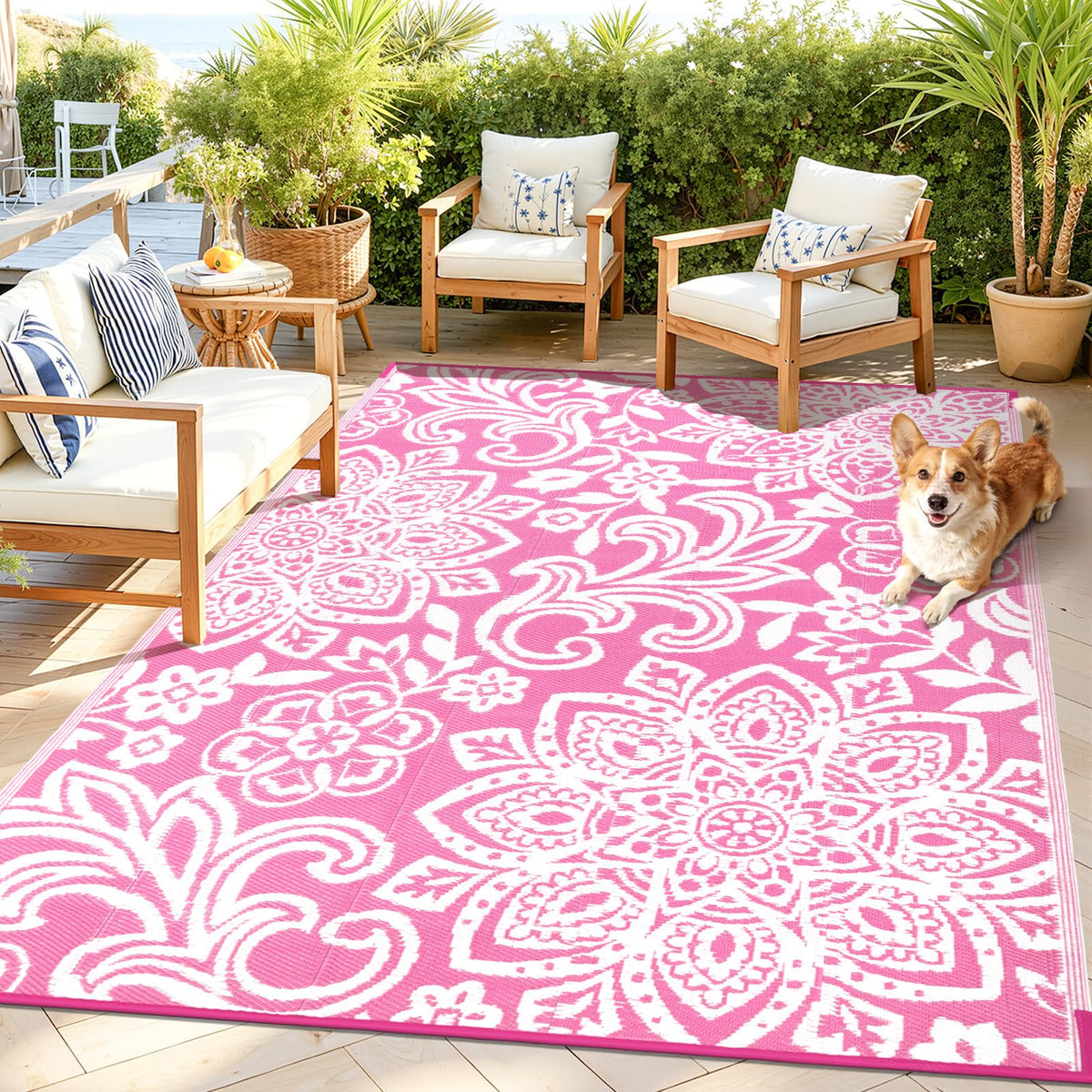 Findosom Waterproof Outdoor Rug 6' x 9' - Reversible Mandala Outdoor Plastic Straw Rug, Durable Foldable Patio Rug for RV, Deck, Balcony, Backyard, Picnic, Porch, Camping, Beach, Gray