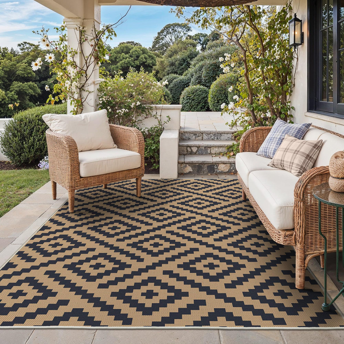 GENIMO Outdoor Rug, Waterproof Plastic Rugs for Patio, 5'x8' Black Grey