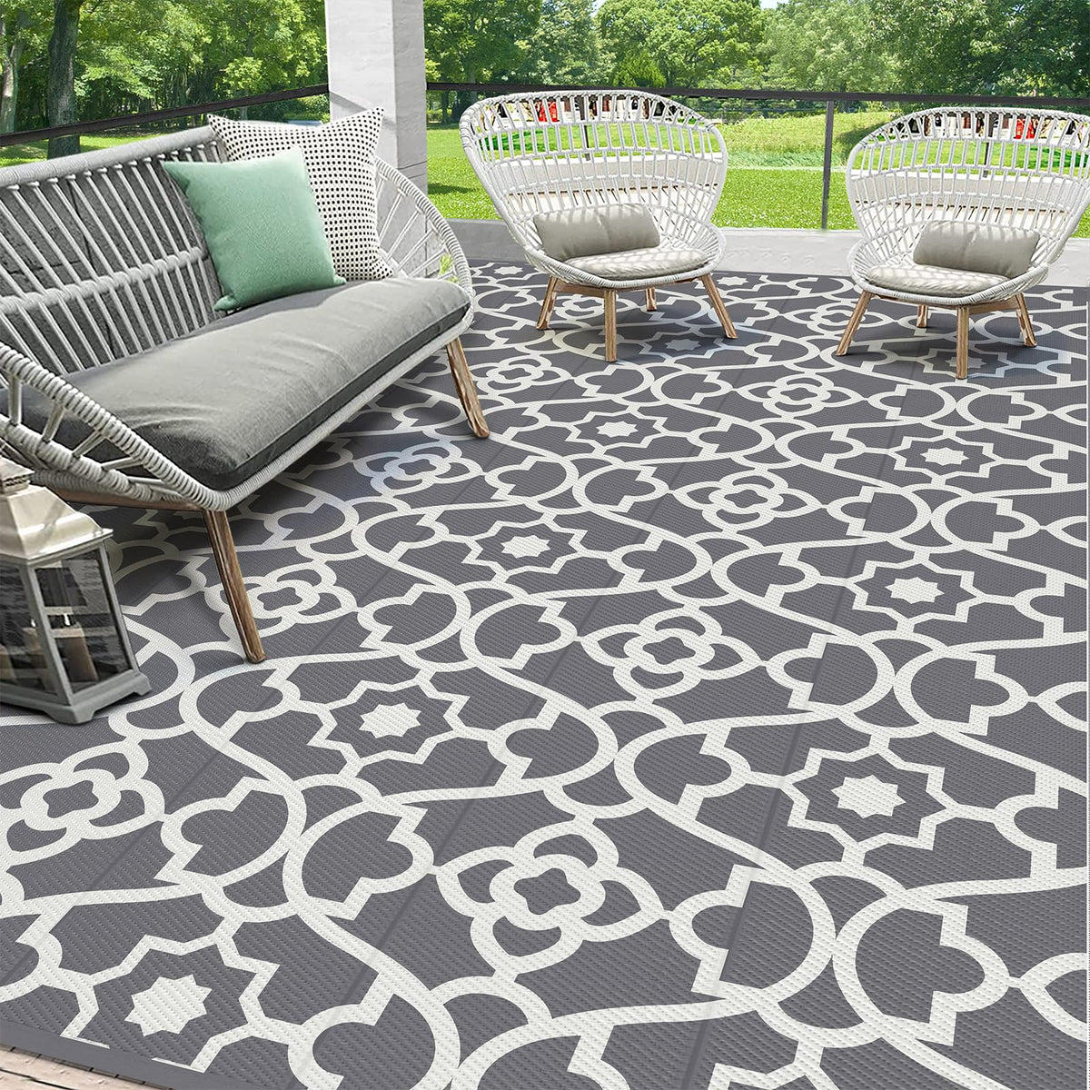 HEBE Waterproof Outdoor Rug 5'x8', Geometric Reversible Plastic Patio Rug