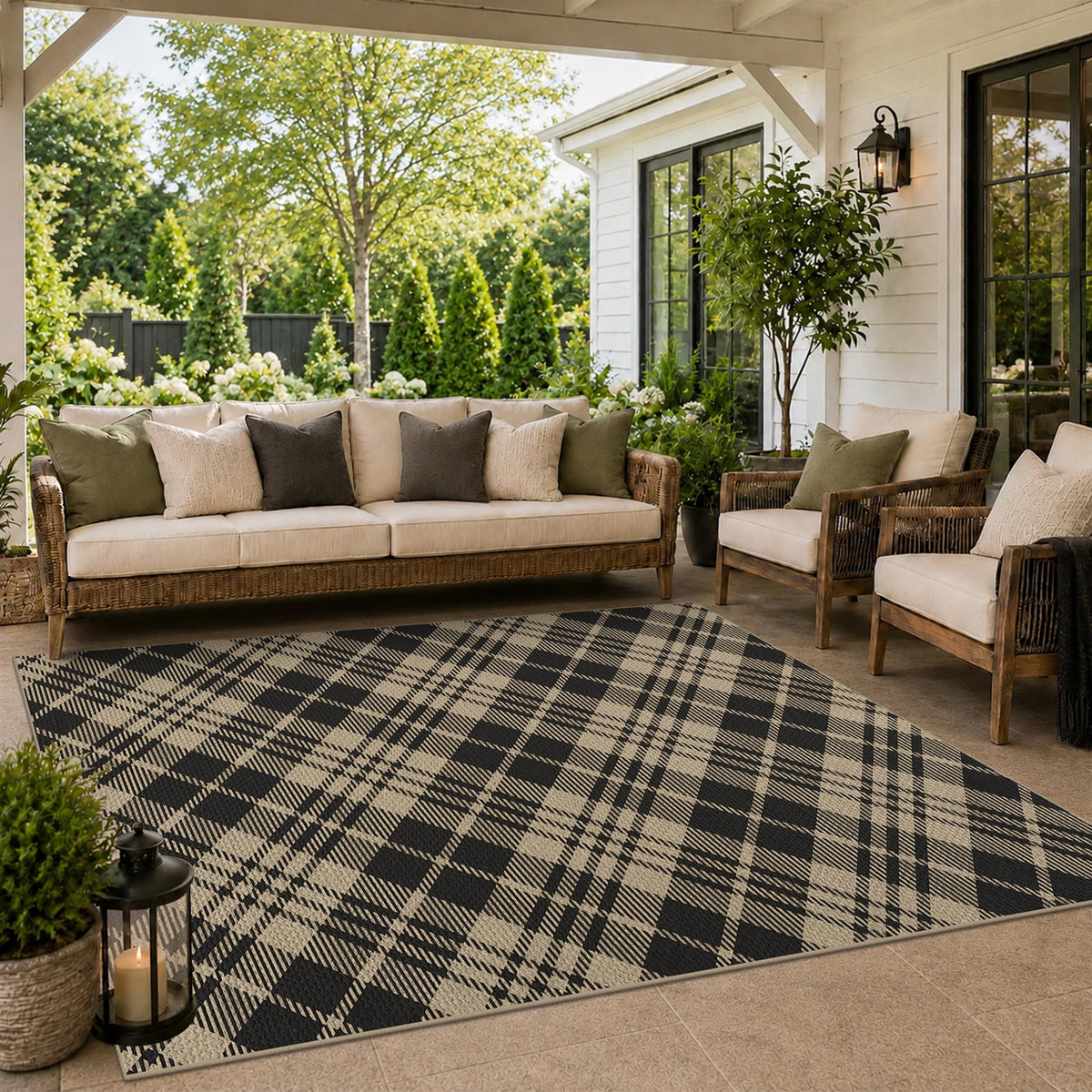 JTJ Easy Jute 3x5 Outdoor Rug for Front Porch, Washable Sage Green Plaid
