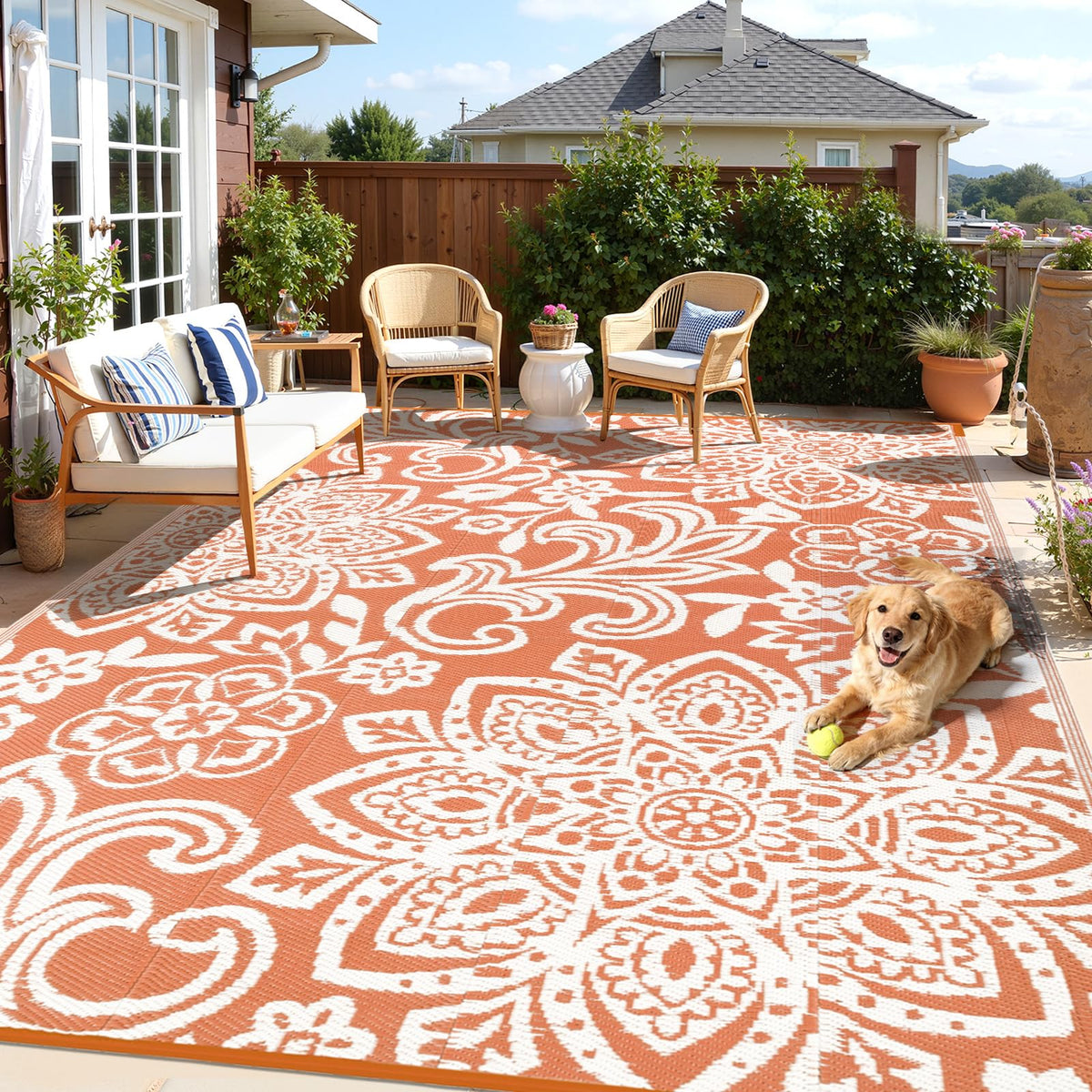Findosom Waterproof Outdoor Rug 6' x 9' - Reversible Mandala Outdoor Plastic Straw Rug, Durable Foldable Patio Rug for RV, Deck, Balcony, Backyard, Picnic, Porch, Camping, Beach, Gray