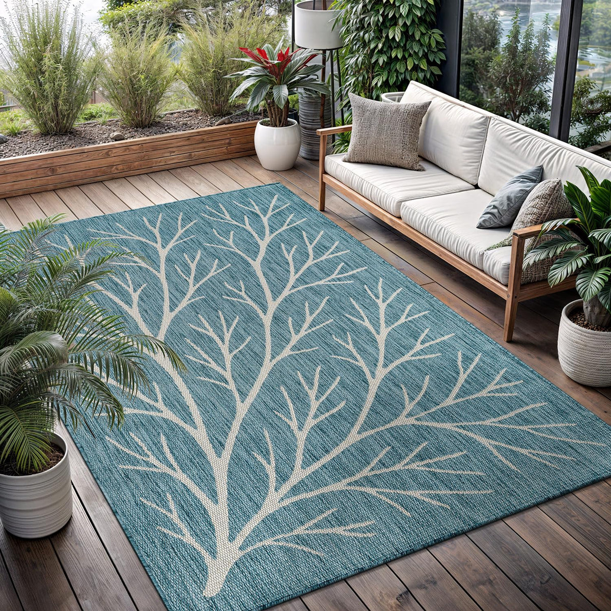 Washable Indoor Outdoor Rug 9x12 Weather Resistant Area Rugs Modern Solid for Porch Deck Balcony Backyard Patio Outside Carpet (9 X 12 Aqua Blue)