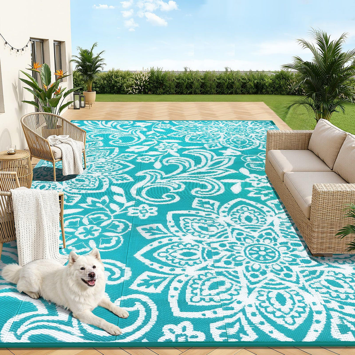 Findosom Waterproof Outdoor Rug 6' x 9' - Reversible Mandala Outdoor Plastic Straw Rug, Durable Foldable Patio Rug for RV, Deck, Balcony, Backyard, Picnic, Porch, Camping, Beach, Gray