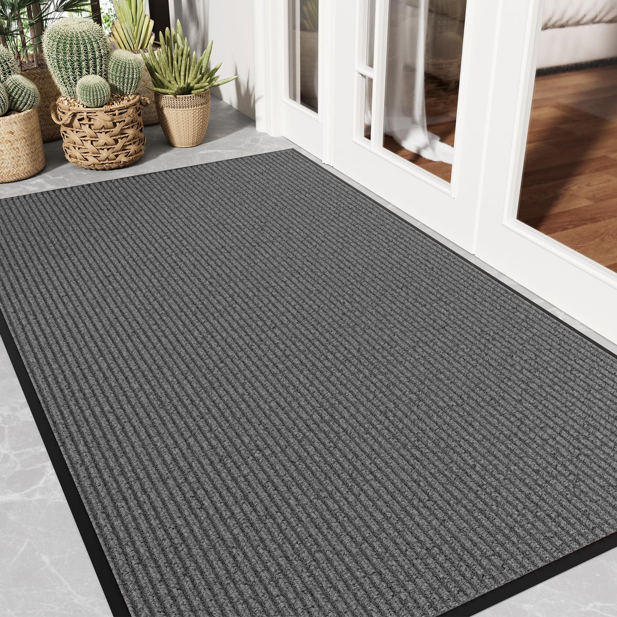 Front Door Mat, 3' x 5' Heavy Duty Door Mat Outside Entrance, Non-Slip Welcome Mat, Absorbent & Dirt Resistant, Low Profile Large Door Mats, Commercial Rugs for Entryway Indoor Outdoor, Grey